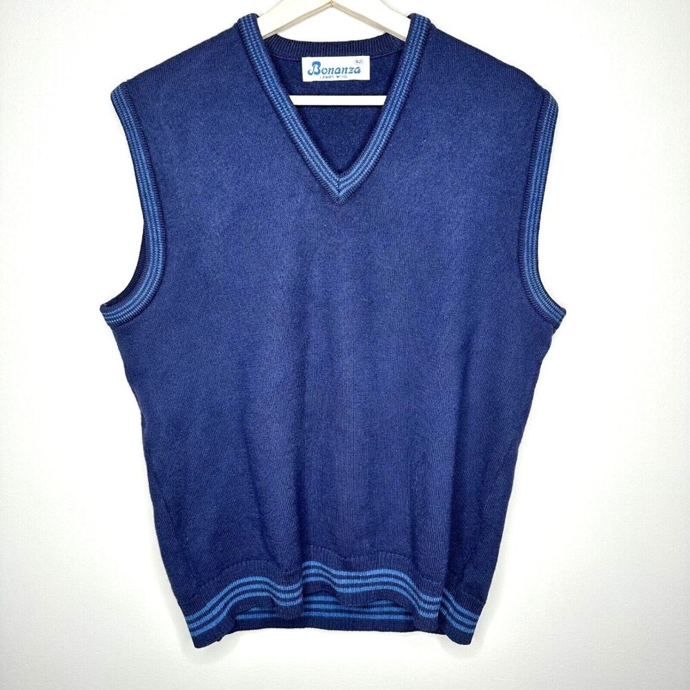 Bonanza Mens Lambs Wool Sweater Vest Vtg 80s Dad V Neck Ribbed Hem Blue Size 42